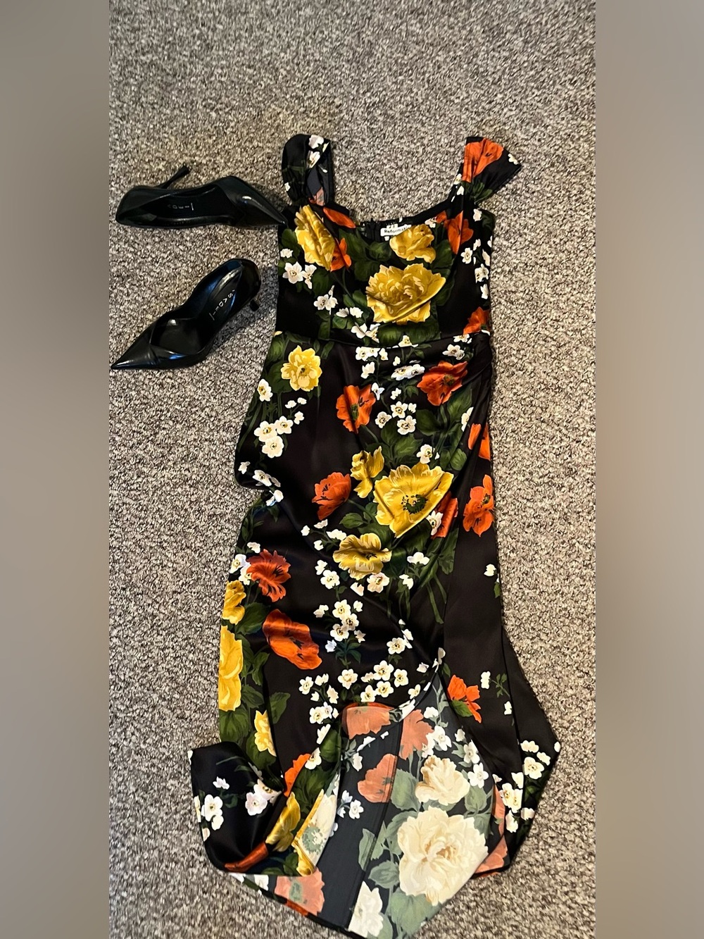 Reformation Genesis Black Floral Silk Midi Dress